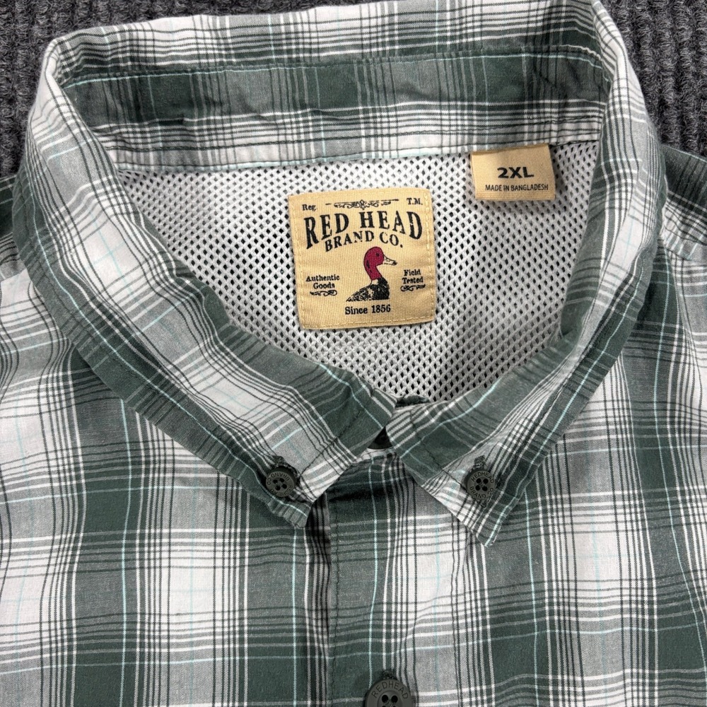 Red Head Button Down Shirt Mens 2XL Green Plaid Short Sleeve - Picture 6 of 10